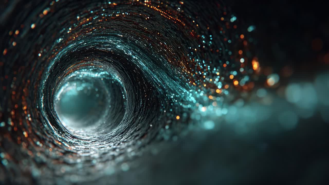 A mesmerizing journey through a swirling vortex, showcasing brilliant lights and a captivating depth that draws the viewer into an enchanting, infinite spiral of color and texture