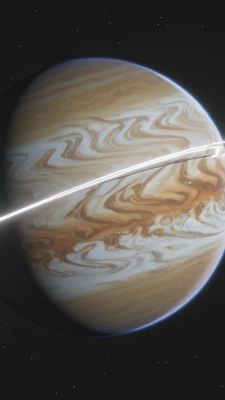 Video verticale: Mostra un gigante gassoso che sviluppa striature luminose parallele con un bagliore che appare nello spazio.