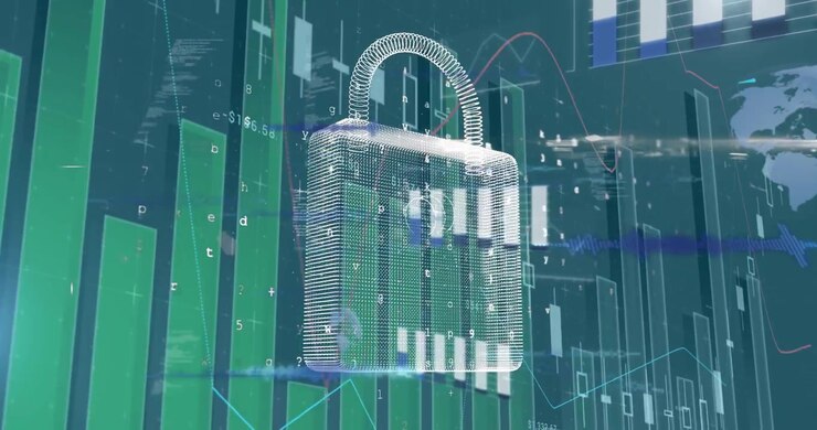 Digital Security Concept with Glowing Padlock and Financial Data Charts