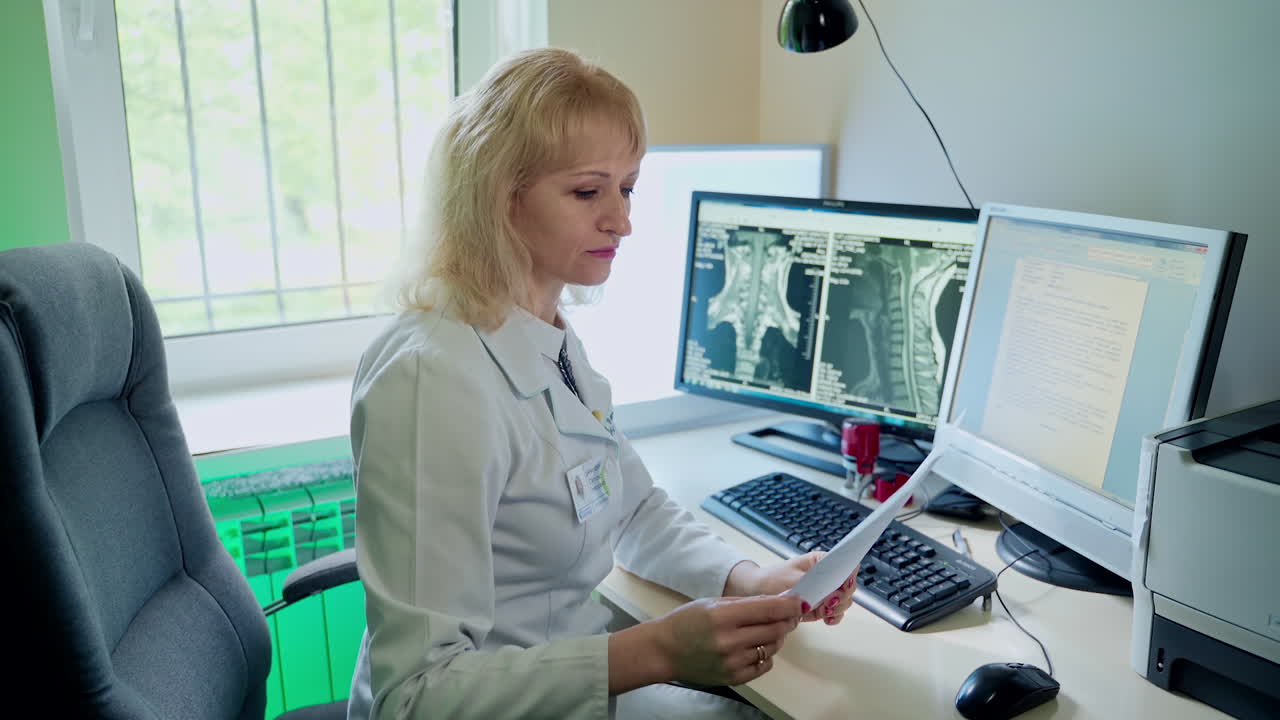 Radiographer doctor at clinic. Female doctor radiologist sitting at the clinic