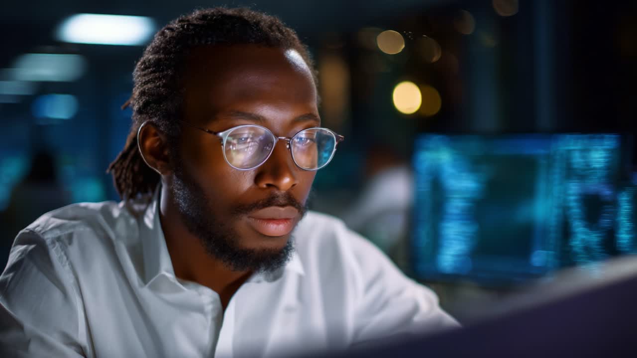 Fokuseret person, der analyserer data på computer i et moderne kontormiljø med blød, blå belysning og intens koncentration under arbejde sent om aftenen