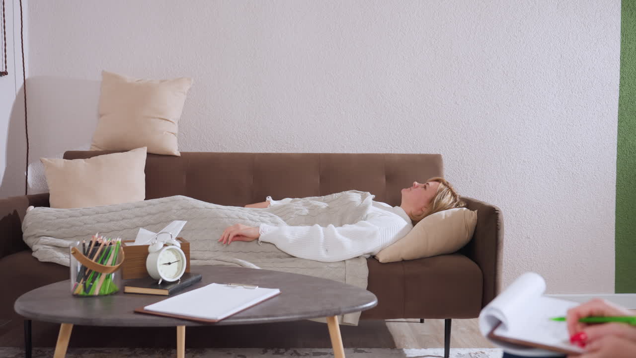 Visitor lies straight on sofa and wraps blanket around herself in cozy therapy space next to table with clock pencils notebook creating warm healing atmosphere for intimate counseling session