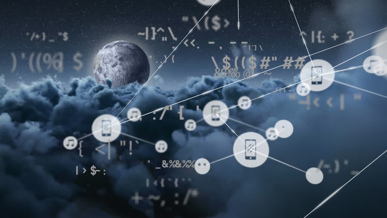 Animation of globe, data processing and media icon network over clouds in grey sky