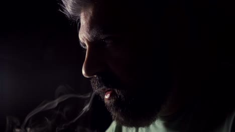 close up of bearded men inhaling e-cigarette device at night in front of light 01