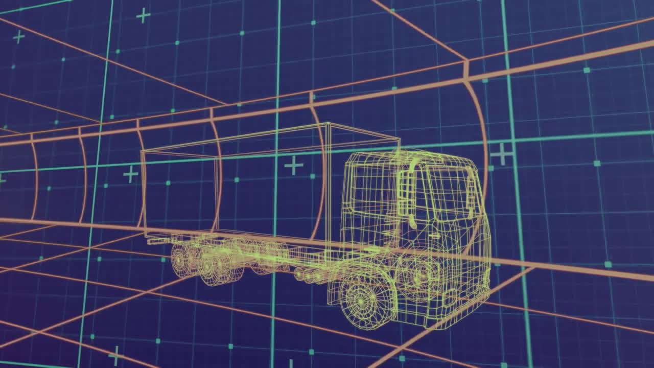 파란색 배경에 디지털 트럭을 통해 데이터 처리의 애니메이션