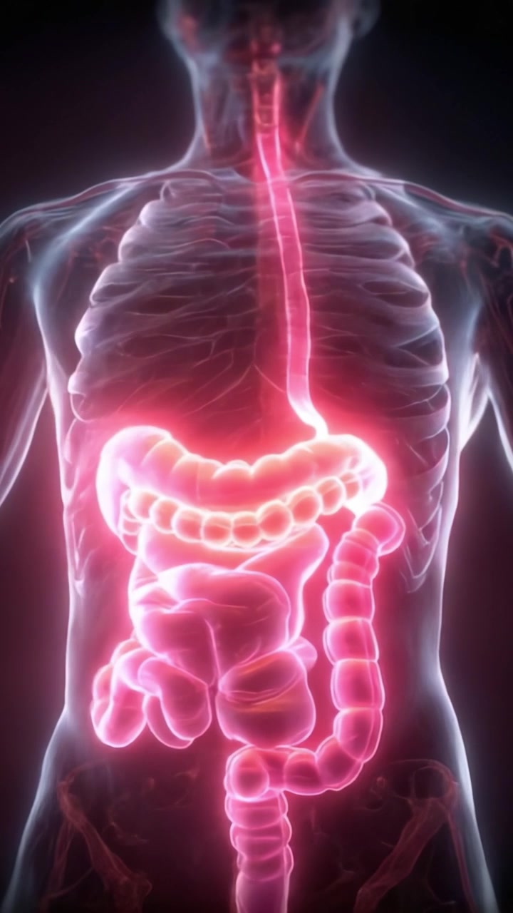 Visualizzazione Illuminata del Sistema Digestivo Umano che Evidenzia l'Intestino e lo Stomaco, Mostrando le Complesse Interazioni all'Interno del Tratto Gastrointestinale