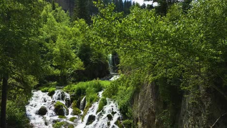 luftaufnahme der oberen roughlock falls, die das rasende wasser im spearfish canyon, south dakota, hinter wunderschönen grünen sommerblättern zeigt