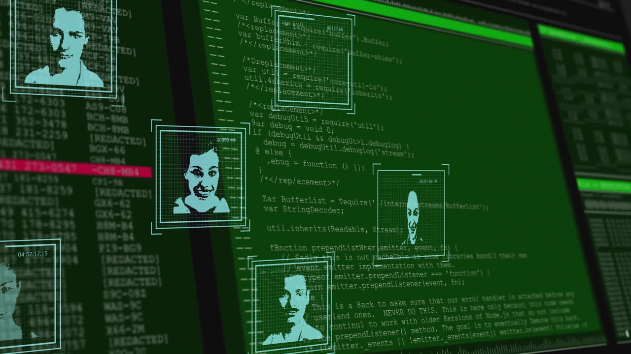 Analyzing faces, animation of facial recognition software with green code background
