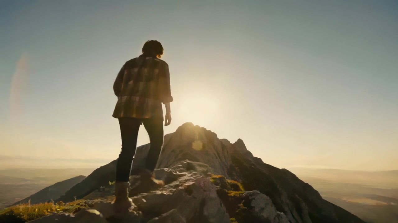 Stepping woman in plaid shirt, hiking boots along rocky ridge toward summit, chasing sunrise flare