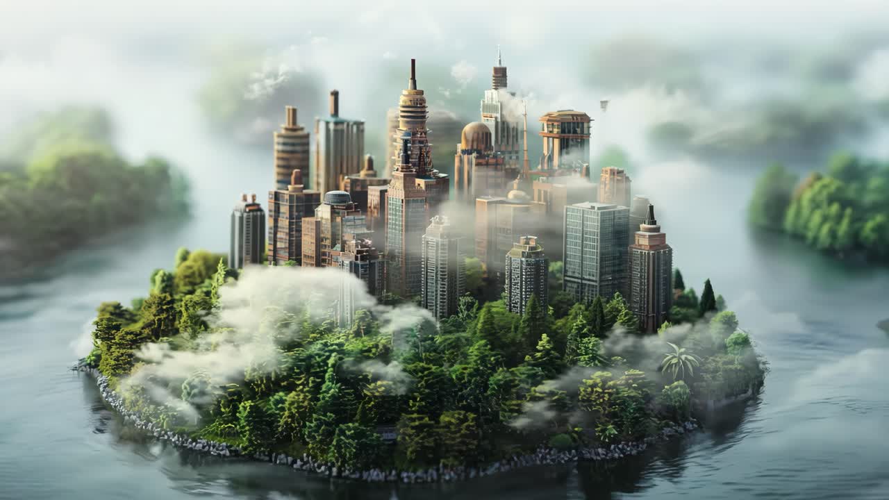 A city is built on a small island with a river running through it. The buildings are tall and brown, and the island is surrounded by water. The city appears to be a model or a drawing