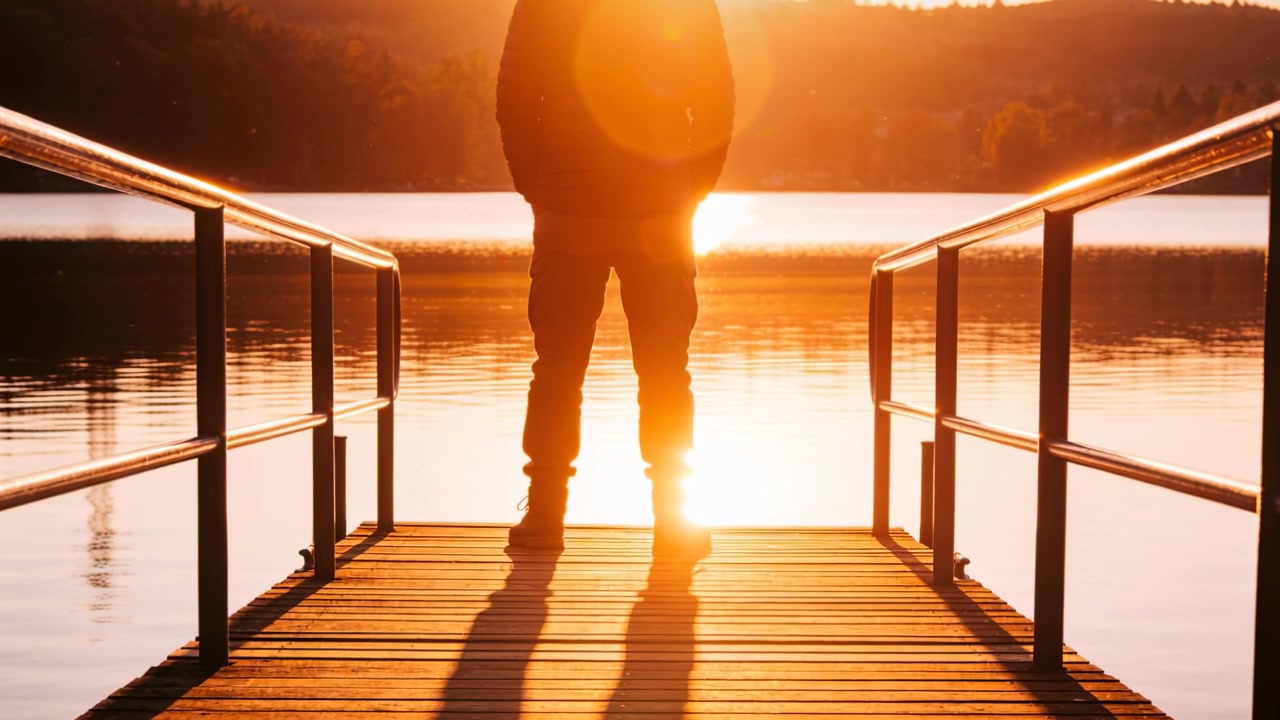 Il sole che si fa più luminoso, un uomo con la felpa con cappuccio che abbassa le braccia e sposta il peso su un molo di legno, bagliore dell'obiettivo