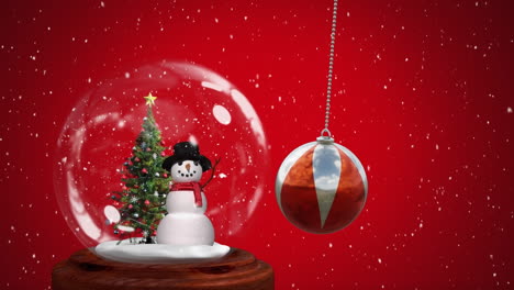 Animación-De-Adorno-Navideño-Sobre-Globo-De-Nieve-Y-Nieve-Cayendo-Sobre-Fondo-Rojo.