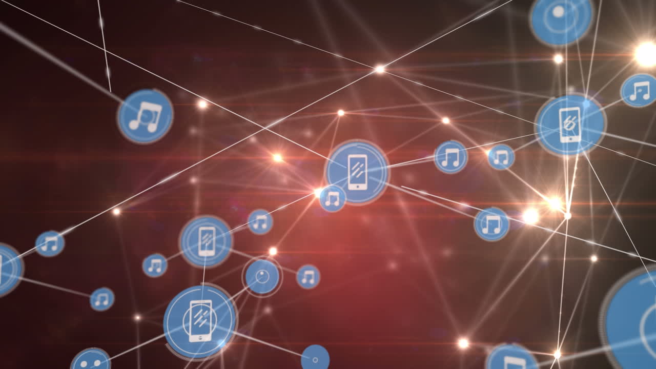 검은색 배경에 아이콘과 빛의 흔적을 가진 연결 네트워크의 애니메이션