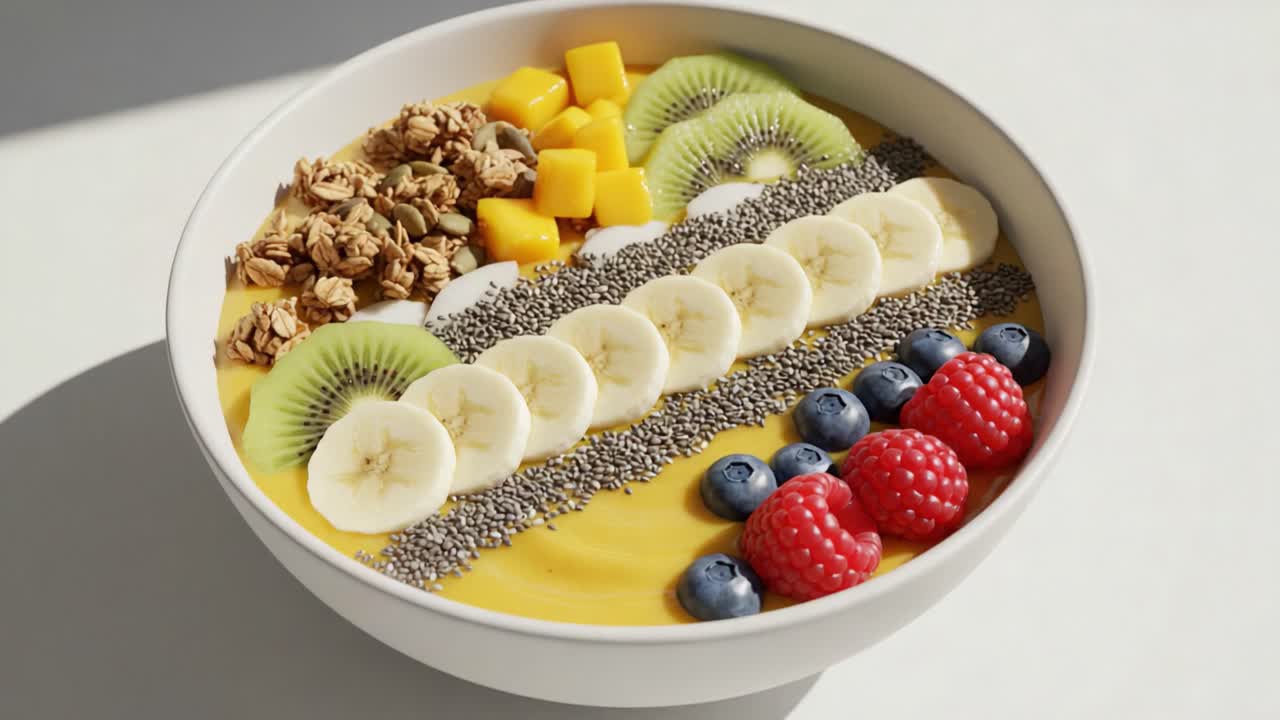 Colorful and Nutritious Smoothie Bowl Topped with Fresh Fruits, Granola, and Chia Seeds for a Healthy Breakfast or Snack Option