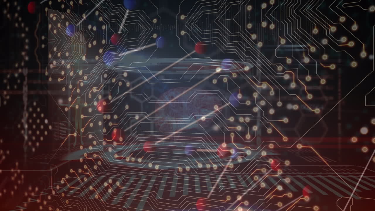 animación de la cadena de adn sobre una placa de circuito de computadora y procesamiento de datos