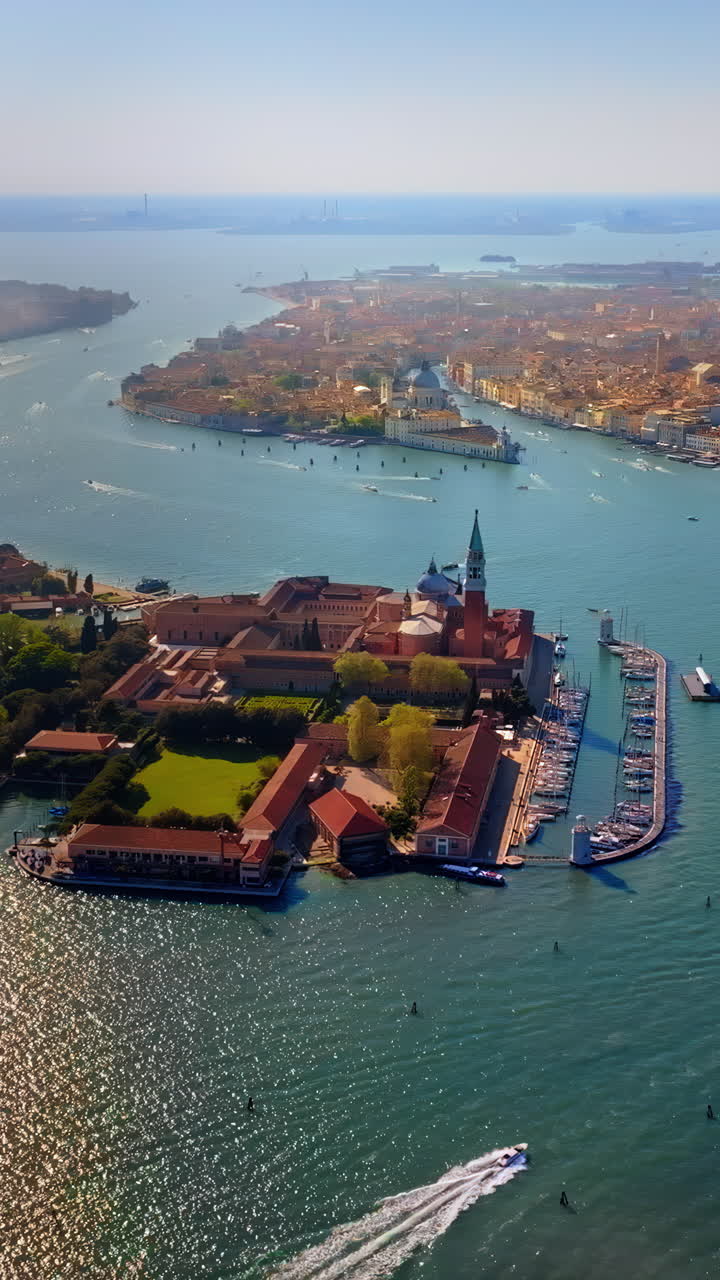 Aerial drone view of the Venetian Lagoon, Italy on a sunny day. Vertical