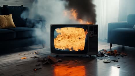un televisor vintage en una sala de estar se enciende, emitiendo humo y llamas mientras causa daños y destrucción