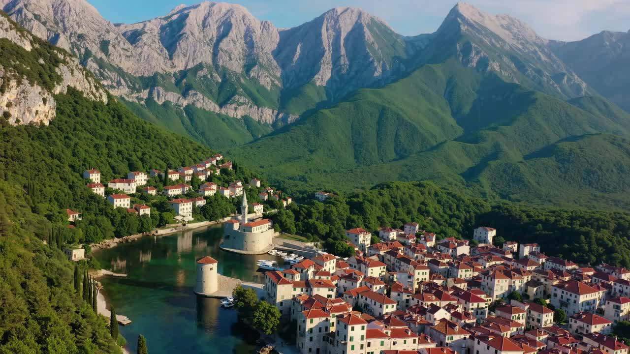 Aerial video captures a picturesque village with red-roofed houses nestled between lush mountains