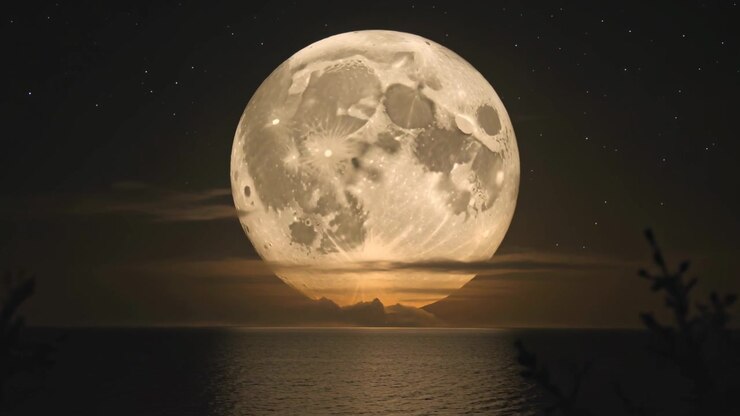 Ein aufgehender Vollmond enthüllt mehr von seiner Oberfläche über der nächtlichen Küste, Wolken ziehen vorüber und das Wasser reflektiert das Licht.
