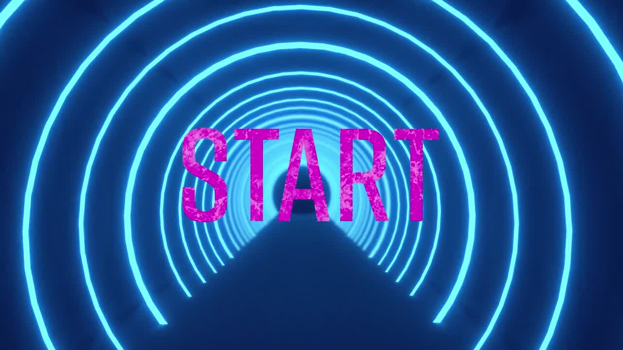 Animation of start text over neon tunnel on blue background