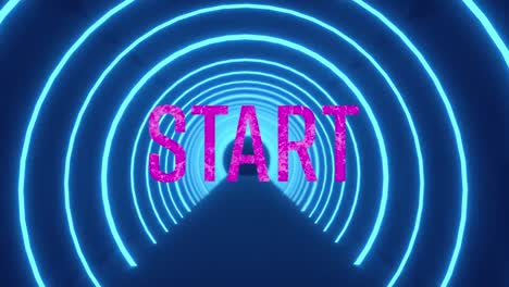 Animation-of-start-text-over-neon-tunnel-on-blue-background
