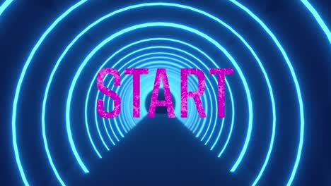 animation of start text over neon tunnel on blue background