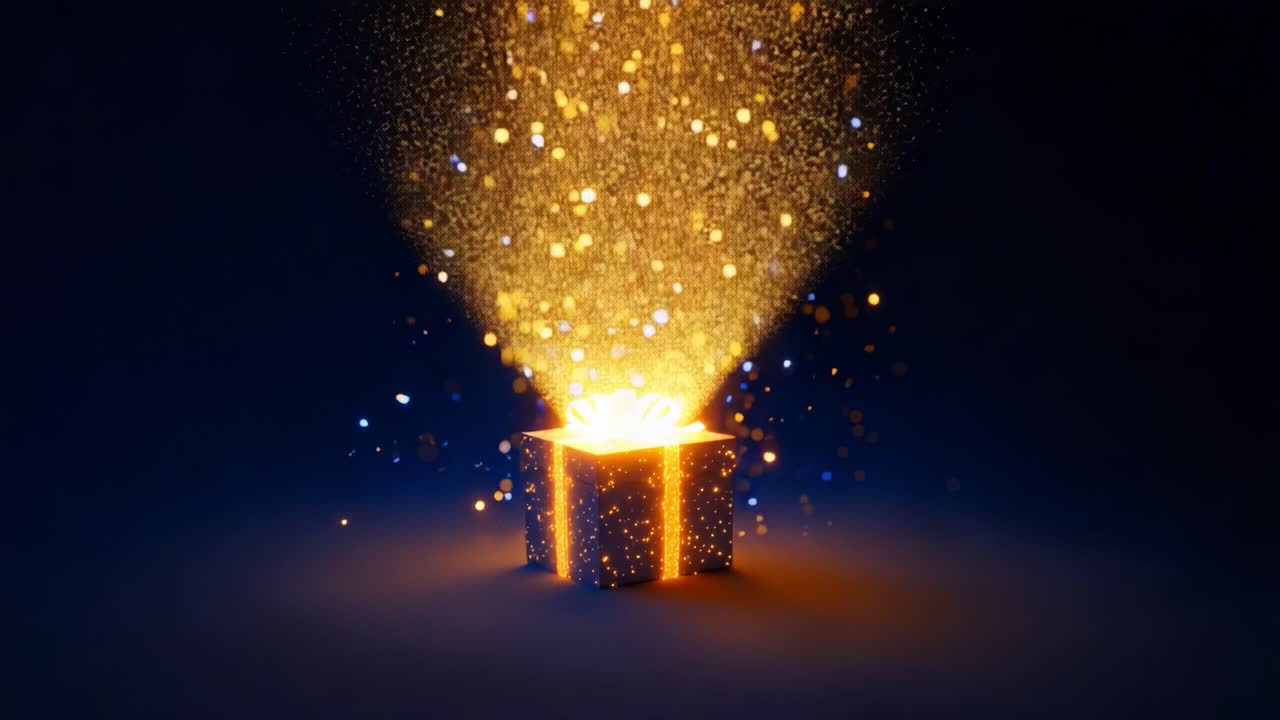 Una confezione regalo scintillante che emana una luce intensa e particelle luccicanti, creando un'atmosfera magica che significa festa e gioia, perfetta per occasioni festive e momenti speciali