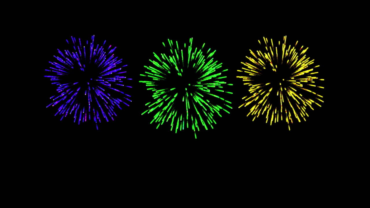 Animazione di fuochi d'artificio colorati di Natale e Capodanno che esplodono nel cielo notturno