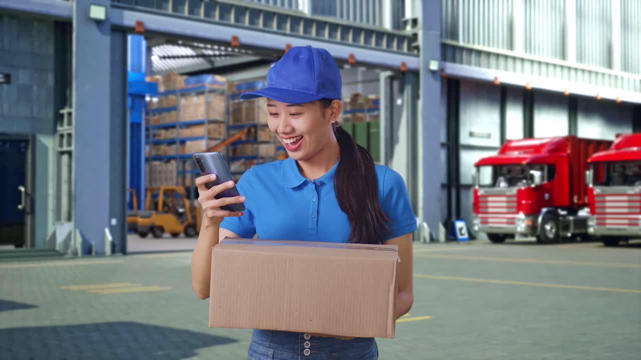 Asian Female Courier In Blue Uniform Using Smartphone While Delivering A Carton, Outside Warehouse