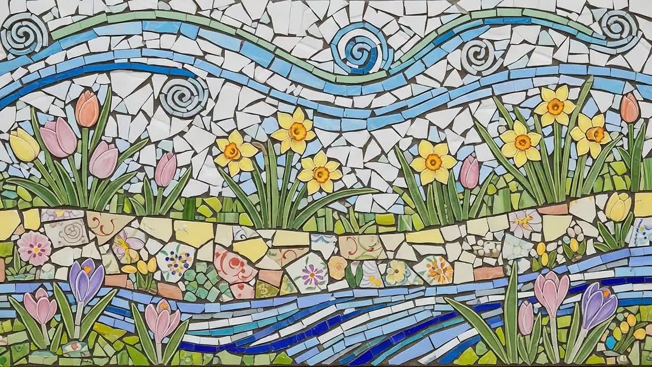 Vibrant Mosaic Artwork Depicting a Floral Landscape with Flowing Water, Featuring Colorful Tulips, Daffodils, and Gentle Waves in a Picturesque Arrangement