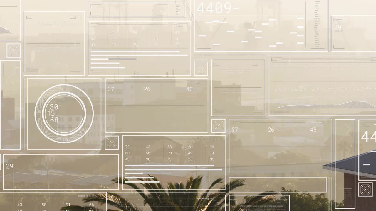 HUD overlay appearing over hazy skyline after data pulse, showing numeric readouts and gauges