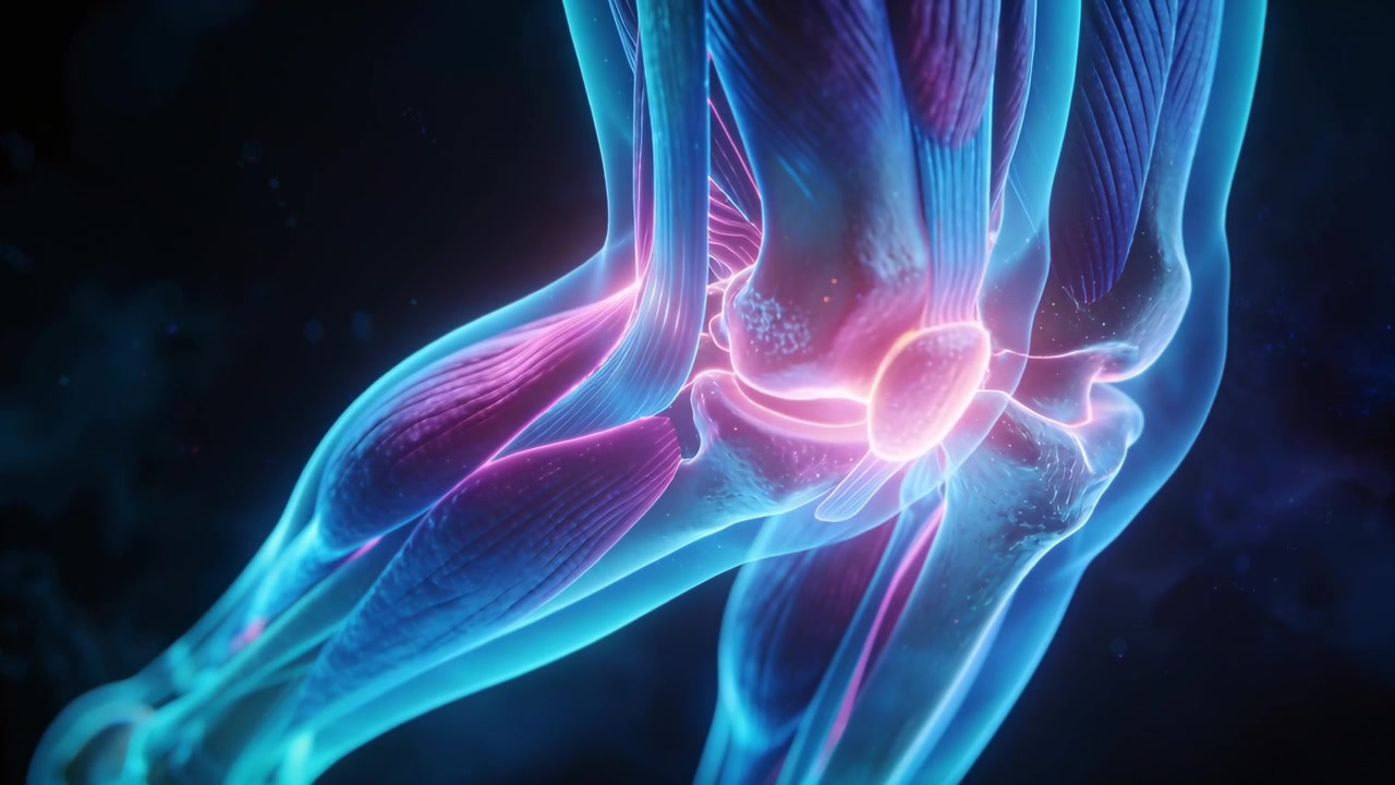 Shifting camera revealing clear lower limb rotating in clinic, highlighting patella, tendons, knee