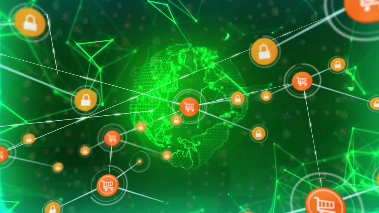 animación del globo sobre la red de conexiones con iconos