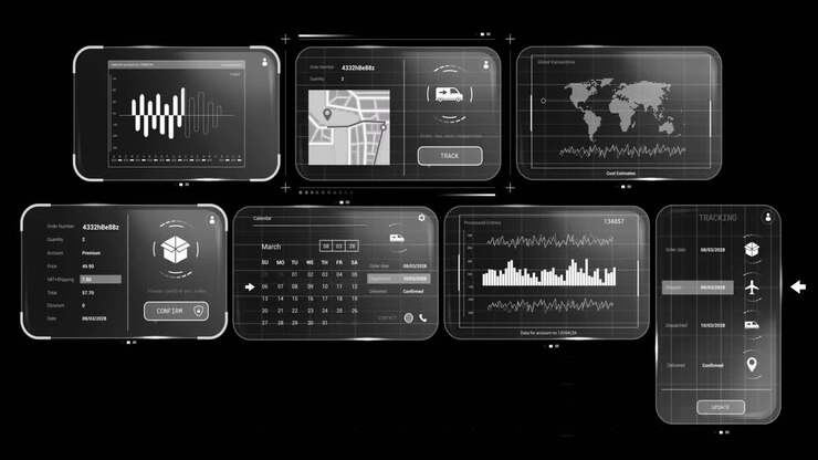 Animation of data processing on screens over black background