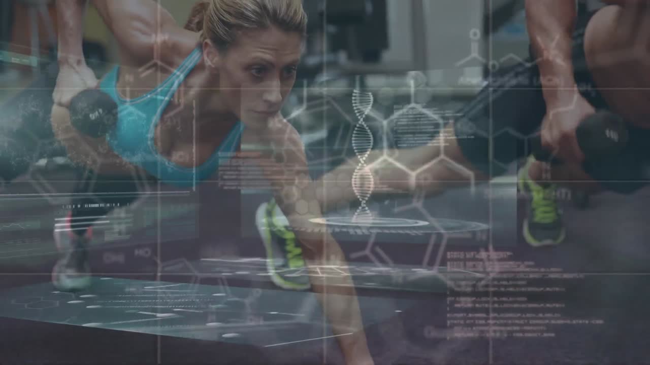 animación del procesamiento de datos sobre una pareja caucásica en el gimnasio