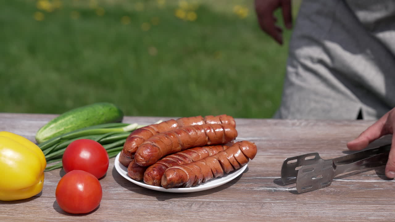 Picnic food on blur nature background. Plate with roasted sausages and fresh vegetables on table. Man adds grilled sausage using tongs to a plate. Close-up.