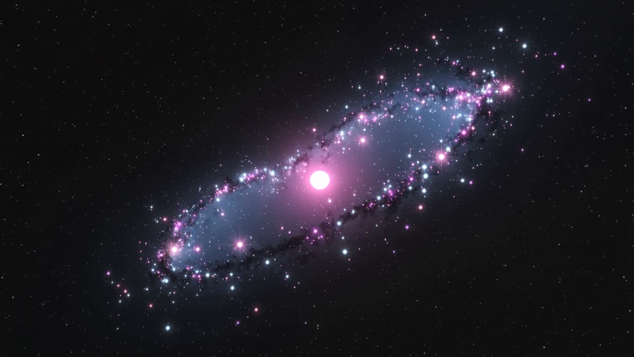 Galáxia em rotação, com quadros começando a inclinar no sentido horário no espaço, exibindo um núcleo magenta pulsante, disco azul e nós rosa.
