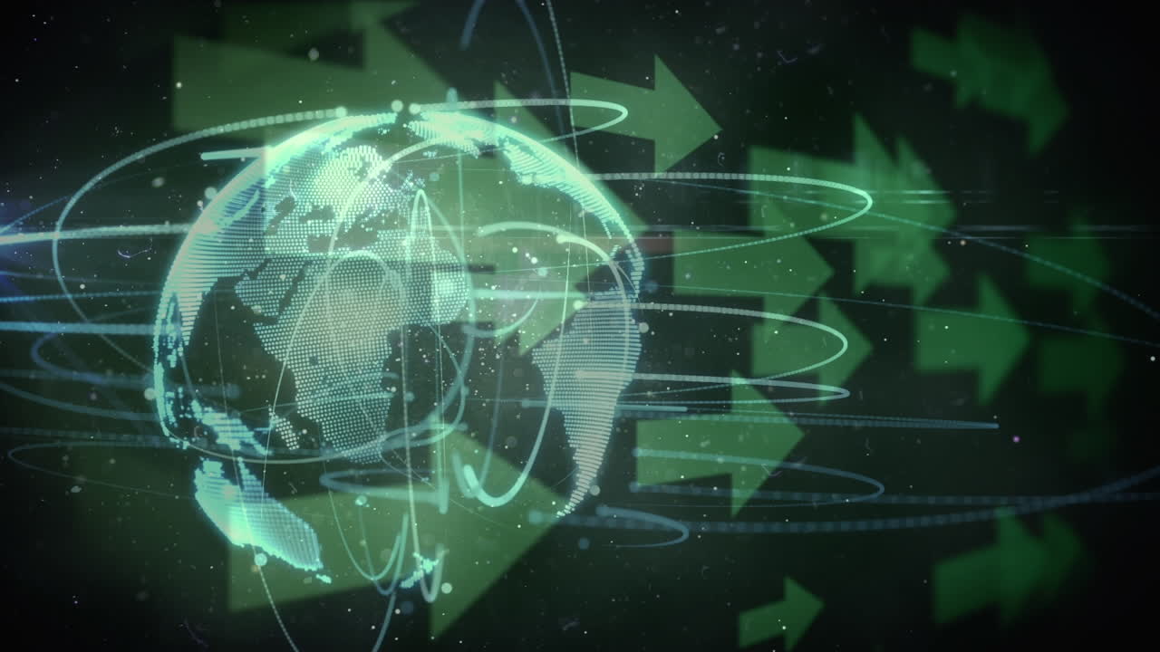 Animation of arrows, lights and globe rotating in green space
