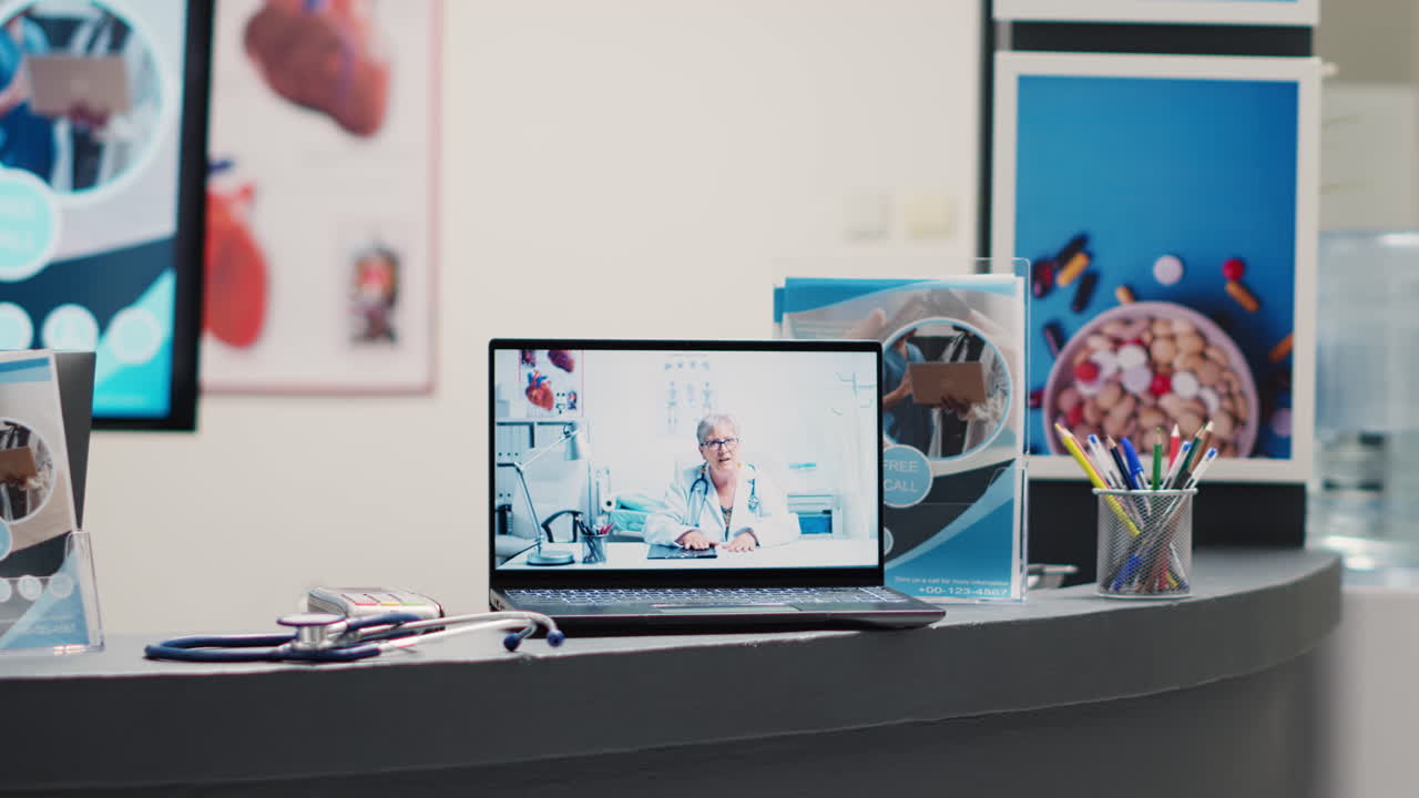 Front desk with video call on laptop