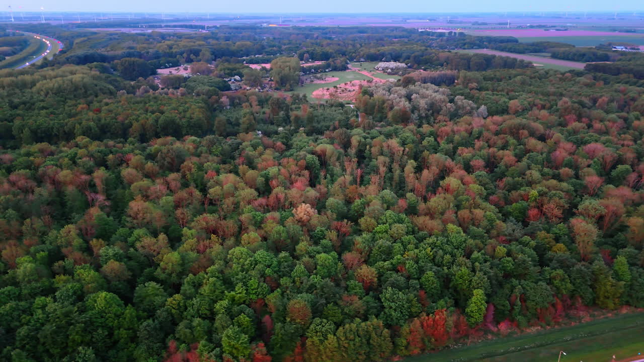 Autumn twilight forest scene. Trees display autumn colors as twilight settles over a dense forest and nearby fields, showcasing nature's beauty