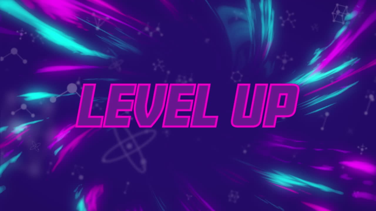 Animation of level up text over blue and purple lights and on blue background