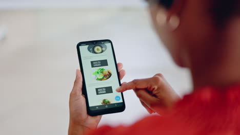 Hands,-phone-and-food-shopping-for-woman