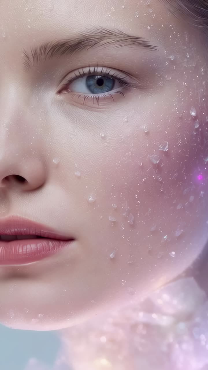Vertical video: Camera panning after light cue, revealing woman's face in studio with pearl beads