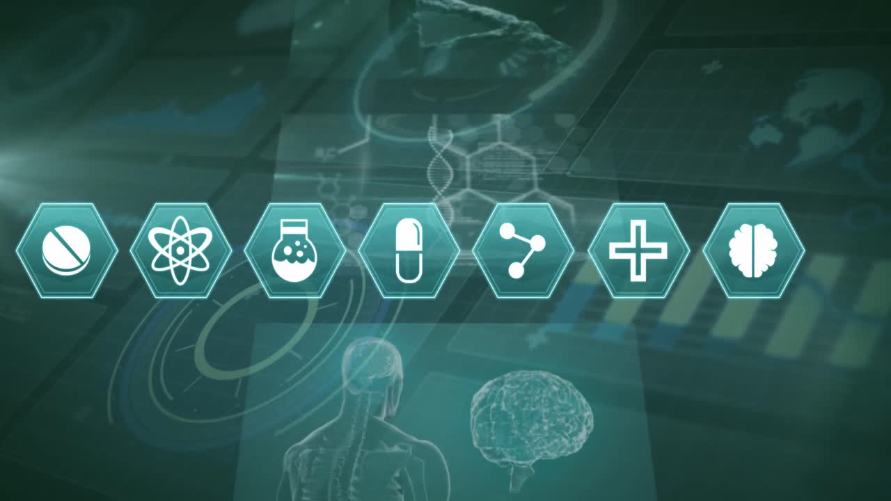 Animation of medical icons and scientific data processing over green background