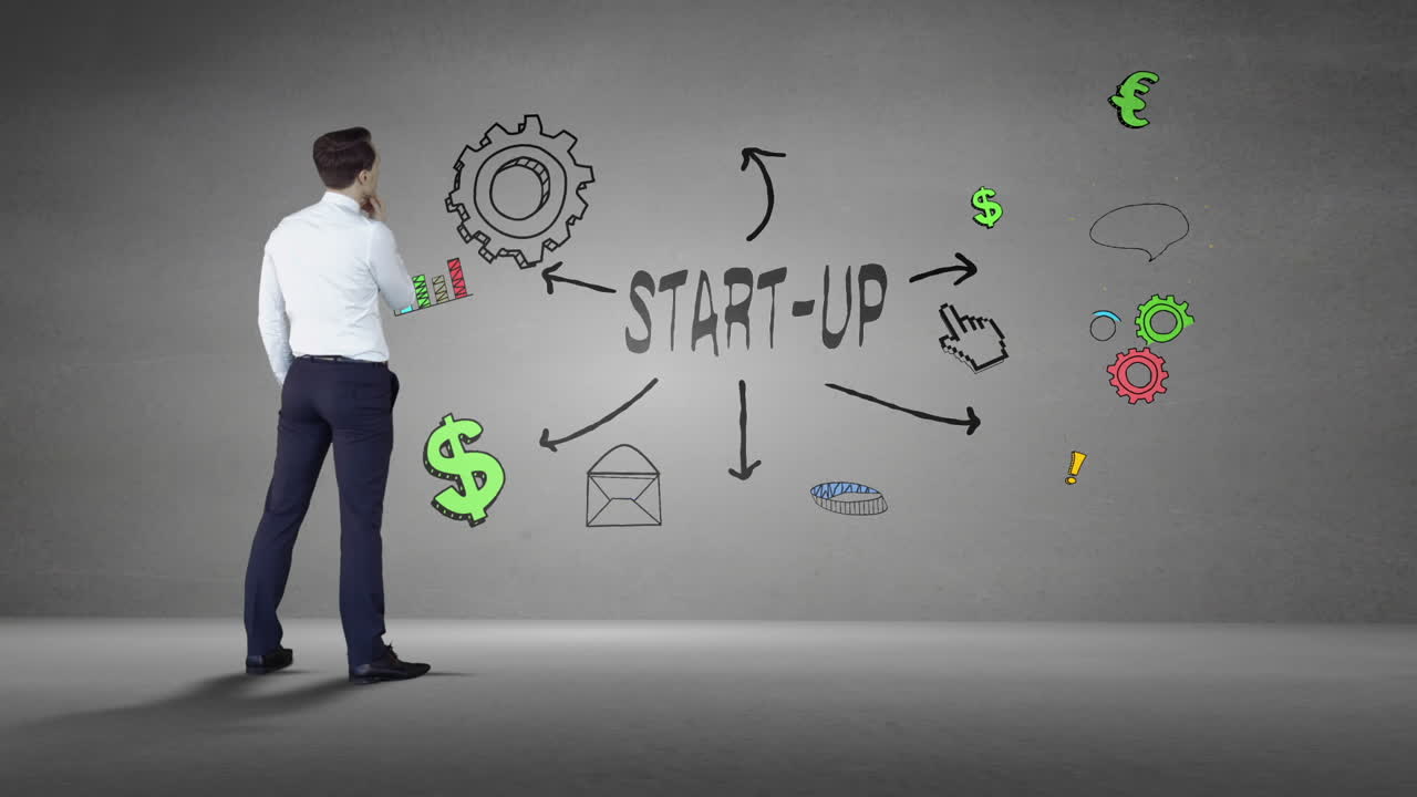  Businessman looking at wall with start up brainstorm