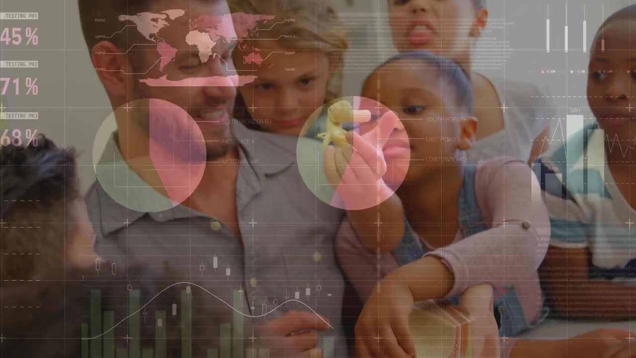 animación del procesamiento de datos sobre diversos escolares y maestros en el aula