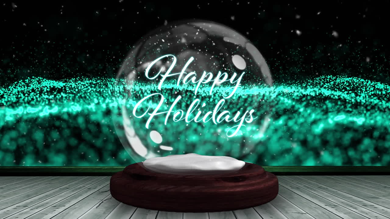 녹색 메시가 흔들리고 눈이 내리는 스노우 글로브의 크리스마스 인사 애니메이션