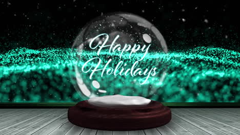 animation of christmas greetings in snow globe with green mesh waving and snow falling
