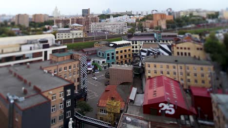 aerial view of a city block with colorful buildings