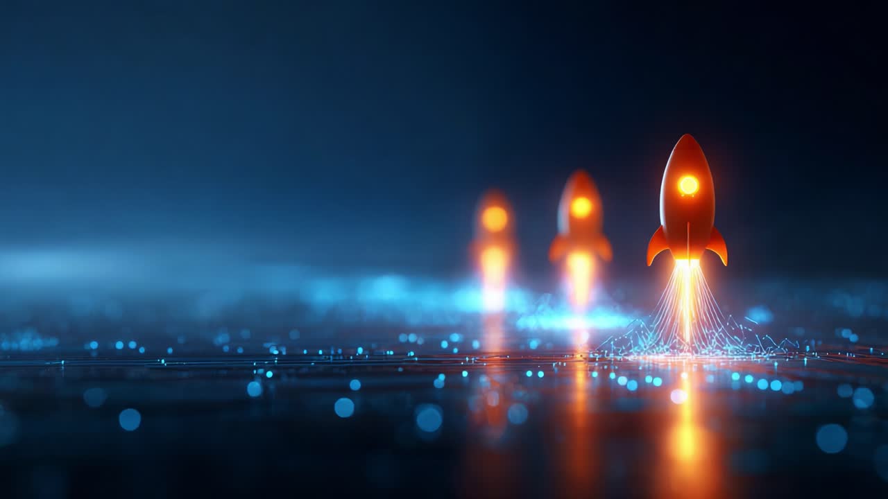 A Stunning Visualization of Futuristic Rocket Launches in a Luminous Digital World, Showcasing the Power of Space Exploration and Advanced Technology in Stunning Detail